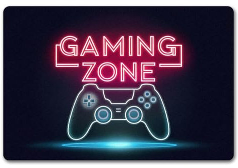 speecheese Gaming Zone Controller Fußmatte in 40x60 cm ohne Rand in Neonschrift Schriftzug Controller Blauton Dunkler Hintergrund Modernes Design
