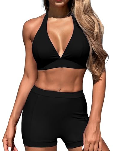 LUNNTE Damen Bikini Sets Bauchweg High Waist Badeanzug V Ausschnitt Hoher Taille Zweiteiliger Bademode Shorts Bikinihose Badeanzüge (Schwarz, M)