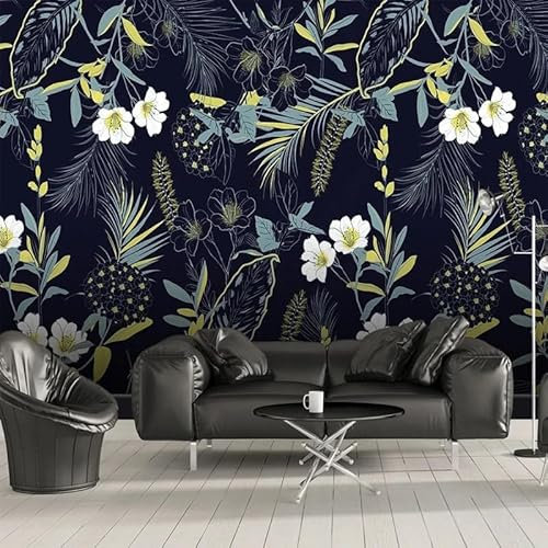 ZEZILE Wallpaper Tropical Leaves Flowers Dark Blue Background Wall Painting 3D Custom Large Mural For Bedroom Room Decor