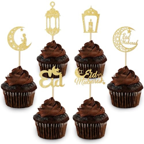 24pcs Eid Mubarak Cupcake Toppers,Gold Eid Mubarak Cake Toppers Mubarak Festival Ramadam Kareem Party Cake Decorations Supplies
