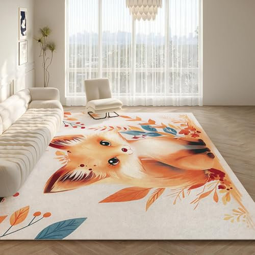 NAWVNMI Kurzflor Kinderteppich für Jungen und Mädchen 120 x 180 cm Fuchs - Blatt Fuchs - Waschbarer Teppich Extra Weich und Antiallergen - Teppich Kinderzimmer, Babyzimmer und Spielzimmer