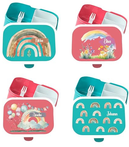 wolga-kreativ Mepal Campus Brotdose Kinder mit Fächern - Personalisierte Lunchbox mit Namen für Schule, Kindergarten und Einschulung - Motiv Regenbogen - Vesperdose mit Unterteilung Kinder