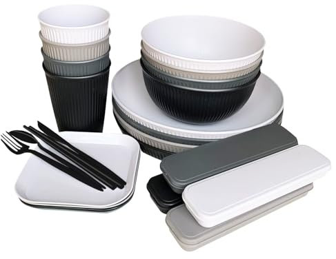 Camping Plates, unzerbrechliche Teller und Schüsseln für 4, 36Pcs Picknick Set aus Kunststoff für Party, Zuhause, Picknick, leichtes, mikrowellen- und spülmaschinenfestes Camping Besteck
