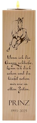 Trauerlicht Pferd personalisiert Teelichthalter Holz quadratisch 16 cm | graviert, Erinnerungslicht, Andenken Regenbogenbrücke, Gedenklicht, Abschiedsgeschenk Pferdemotiv