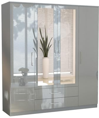 URBAN FURNISHING 4 Door Wardrobe with Mirror and Drawers | High Gloss MDF Mirrored Wardrobe for Bedroom | Double Wardrobe with 2 Drawer & 10 Shelves | Grey 180cm