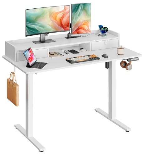 DEVAISE Electric Standing Desk with Storage,120×60 cm Office Table Adjustable Height with Three Memory Function, Two Drawers, Two Power Outlet and USB, Gaming Desks for Home Office, White
