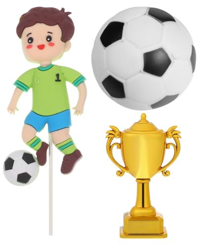 TOYANDONA Football Cake Toppers: Football Cake Decorations, Mini Trophy Cup Soccer Balls Boy Player Figure Set - Sports Theme Birthday Party Favor for Kids Boys