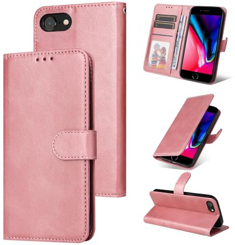 E-Lush Handyhülle für iPhone 8 Hülle Leder PU, Magnet Klapphülle Flip Wallet Kartenfach 360 Stoßfeste Schutzhülle für iPhone 8 Hülle mit Standfunktion, Roségold