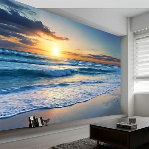 Large Beautiful Ocean Waves Sunrise Mural Wallpaper 250 x 175 cm, Nature Landscape Photo Wallpaper, Wall Mural Sticker for Bedroom Living Room Hallway Sofa Backdrop Wall Decor