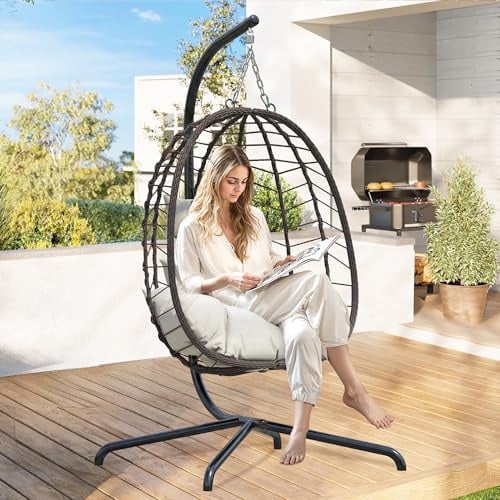 Hanging Egg Chair with Stand, Swinging Egg Chair Outdoor Indoor, Hanging Basket Chair with Cushion, Patio Wicker Hammock Chair 350lbs Capacity (Brown-Gery)