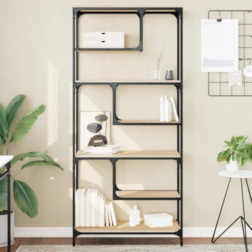 QZZCED Regal aus technischem Holz, Sonoma-Eiche, 81 x 36 x 176 cm, robuste und stabile Metallstruktur, Aufbewahrungsmöbel mit mehreren Regalen und Zickzack-Design