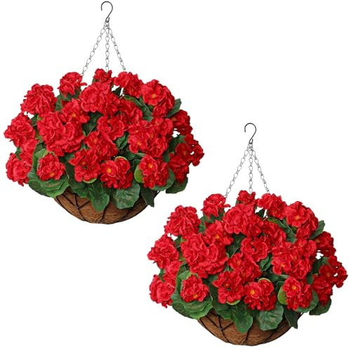 Weldomcor 2 Set Artificial Geraniums Flowers Hanging Basket Outdoor Fake Flowers Silk Flower Large Artificial Hanging Plants DIY Chain Basket for Front Porch Garden Patio Home Decor