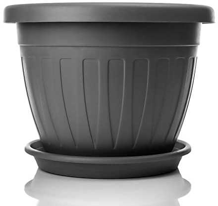 BigDean 40cm Blumentopf mit Untersetzer rund Farbe Anthrazit wetterfest | Wetterfester Pflanzkübel, Wasserablauf, UV-beständig aus bruchsicherem Kunststoff, Innen & Außen geeignet - Made in Europe