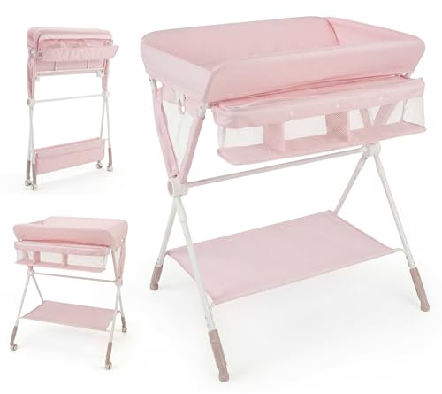 COSTWAY 3 in 1 Wickeltisch klappbar, mobile Wickelkommode mit Rollen, Wickelstation höhenverstellbar mit Regal & Aufbewahrungskorb, tragbare Wickelauflage bis 11 kg Belastbar (Rosa)
