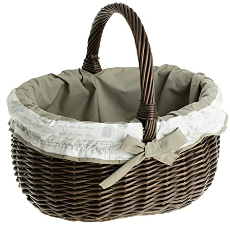 e-wicker24 Alles aus Weide Einkaufskorb aus Weide, Weidenkorb in weiβ, oval, Bügelkorb mit Garnierung, Geschenkkorb (Dunkelbraun, 2)