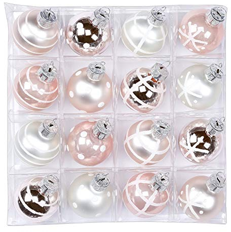 16 Weihnachtskugeln Glas 3cm Dekoriert Christbaumkugeln Christbaumschmuck Weihnachtsdeko Motive, Farbe: Noble Rose (hell rosa porzelanweiß)