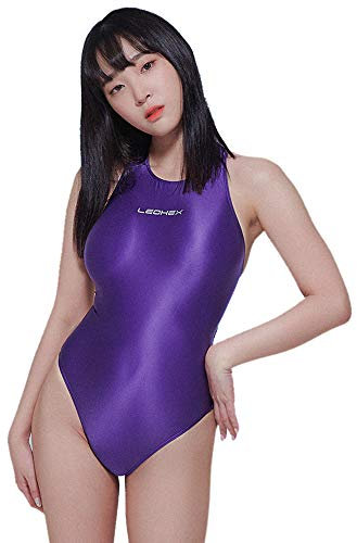 LEOHEX Sexy Satin Hochglanz Body Glänzend Bodysuit Einteiler Badeanzug Japan Skinsuit(XL,Violett)