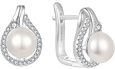 JO WISDOM Pendientes Aro de Plata de ley 925 Mujer,Pendientes con Perla de agua dulce de 8mm con 5A Circonita,Jewelry para Mujer Mamá