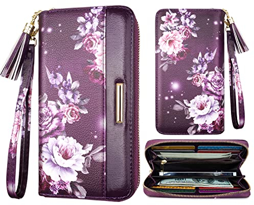 Coco Rossi Geldbörsen für Damen, PU-Leder, Kartenhalter, Organizer, Damen-Clutch mit Quaste, Handgelenkschlaufe, Violette Blume, long purse, Casual