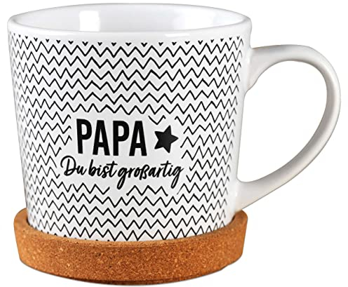 Papierdrachen Geburtstagsgeschenk für Papa - Hochwertige Tasse aus Keramik mit passendem Kork Untersetzer - Tischdeko - Kaffeetasse - Papa du bist wunderbar
