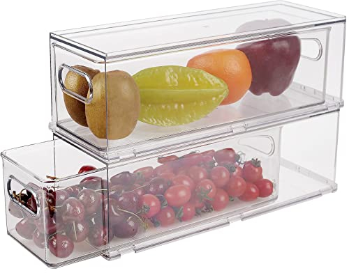 Lot de 2 bacs de rangement pour réfrigérateur avec tiroir extractible ensemble de tiroirs empilables avec poignée étuis de rangement transparents sans BPA pour congélateur armoire cuisine gardemanger