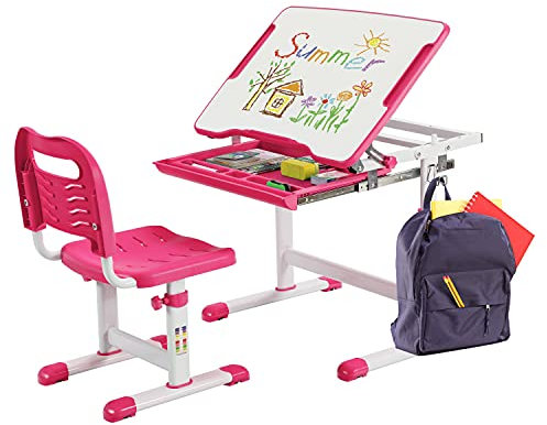 COSTWAY Bureau Enfant, Ensemble Table et Chaise pour Enfant avec Hauteur Réglable, Plateau Inscriptible Inclinable 0-45°, Tiroir Coulissant et Crochet en Métal, pour Garçons et Filles de 4+ Ans, Rose…