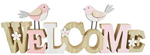 Schriftzug Welcome Vögel | rosa weiß | Holz Aufsteller Fensterdeko | Willkomen | 38 cm