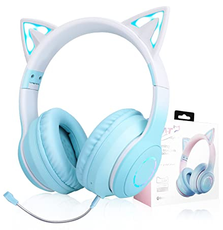 JYPS Cuffie senza fili per bambini, con luce LED e orecchio di gatto, per ragazze, auricolari Bluetooth con microfono staccabile a cancellazione del rumore e microfono integrato per gioco (viola)