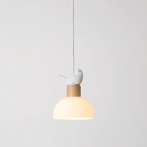 Jadssox Kuppel-Glas-Pendelleuchte mit weißer Vogel-Holz-Tropfen-Deckenleuchte Kücheninsel-Leuchte, Einzelkopf-Hängelampen E27-Hängeleuchten für Esszimmer-Schlafzimmer