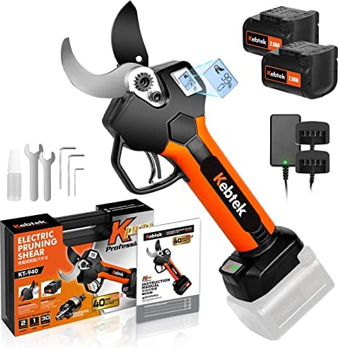 Kebtek Professionali Forbici Potatura a Batteria 40 mm, LCD Display, Motore Brushless, con 2 Batteria 21V 2000mAh 700W, Cesoie Elettriche per Giardino, Albero da Frutta, Vigneto (KT940)