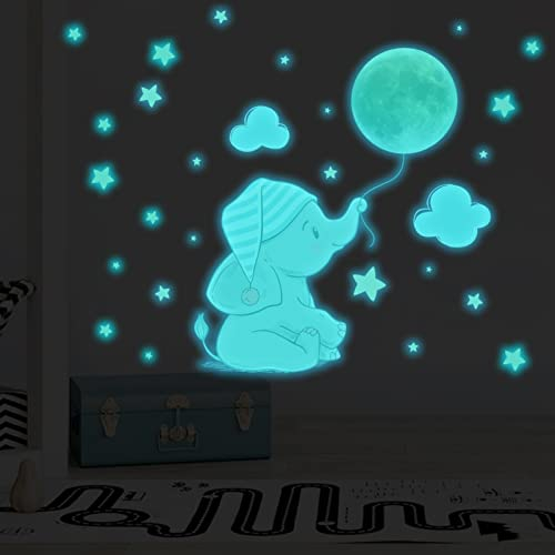 Tarklanda Wandtattoo Leuchtend Elefanten Sterne Wolken Wandsticker Leuchtend Aufkleber Mond für Baby-Kinder-Zimmer Mädchen Junge Wanddeko