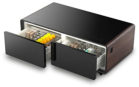 CASO Sound & Cool Wood, Soundbar und Lounge-Tisch mit Lademöglichkeiten, Bluetooth, USB, klangvoller Sound, LED-Beleuchtung, Zwei Kühlfächer (insg. 135 l), individuell einstellbarer Temperatur