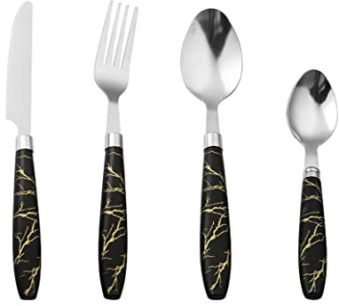 Lot de 24 couverts de cuisine en acier inoxydable avec manche en marbre - Couteau et fourchette - Cuillère - Style commercial - Noir