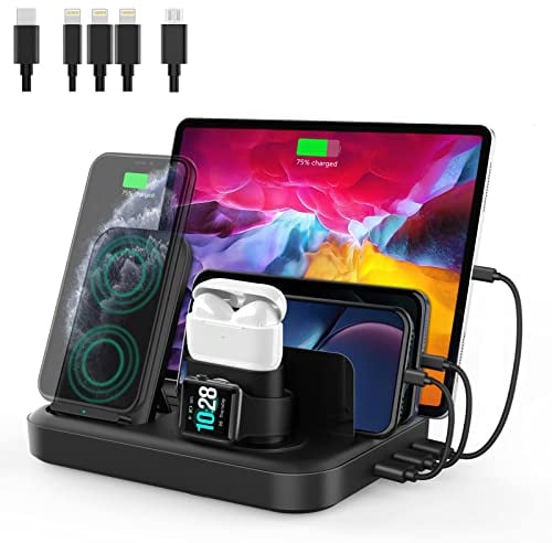 seenda Ladestation Mehrere Geräte Kabellos - 6 in 1 USB Ladegerät mit Schnelles Wireless Chargert und 5 USB Ports für iPhone, iPad, Android, iWatch, AirPods