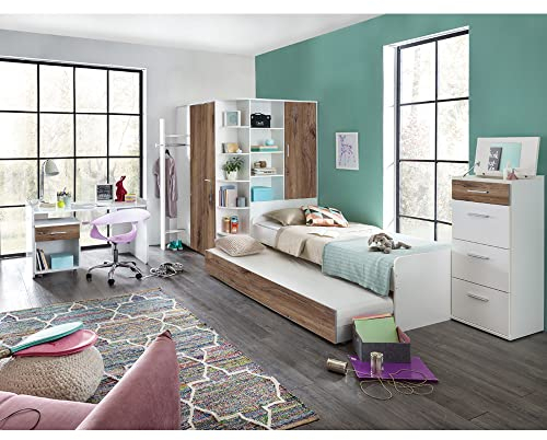 Lomadox Jugendzimmer komplett Set mit Eckkleiderschrank, beleuchtet, Bett, Ausziehliege, Schreibtisch, Rollcontainer, Hochkommode, Garderobe in weiß mit Eiche Nb.