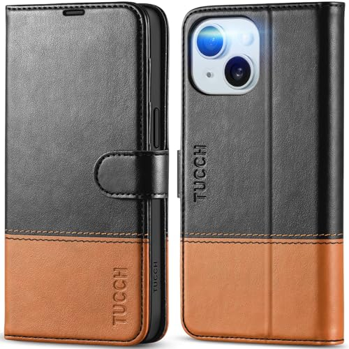 TUCCH Cover per iPhone 15 5G, Custodia [Blocco RFID] Portafoglio Pelle Sintetica Antiurto TPU, Pieghevole Cavalletto Slot per Schede Elevata Protezione per iPhone 15 (6,1, 2023) - Nero & Marrone