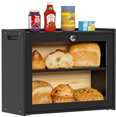 EXABANG Boîte à pain en bambou avec ventilation, 2 étagères et grande fenêtre, boîte à pain en bois, convient à un usage alimentaire, facile d'entretien, 40 x 31 x 17,5 cm, HX-10336-schwarz
