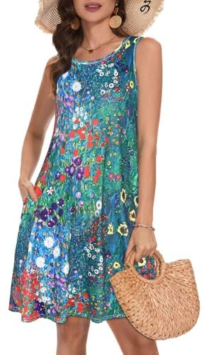 Damen Strand Sommerkleider Casual Ärmellos Kleid Strandkleid mit Taschen | Dehnbarer und atmungsaktiver Stoff, Sommer Oversized Knielang Midikleider,Casual Floral Rundhals Sundress für tägliche Outfis
