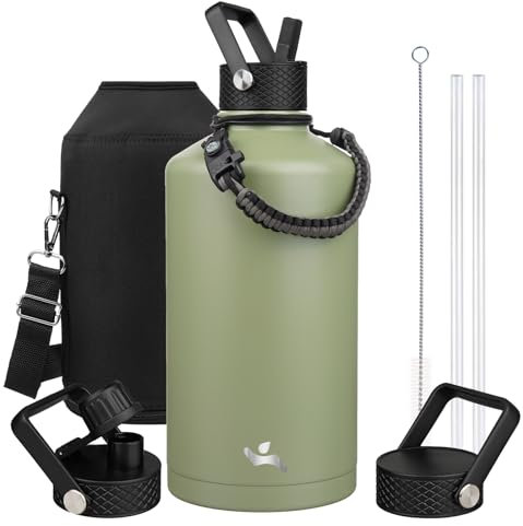 Gallon Insulated Water Bottle with Straw,128oz 3 Lids Water Jug with Carrying Bag,Paracord Handle, Double Wall Vacuum Stainless Steel Metal Flask,Camp Green