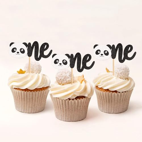 24 Stück One Cupcake Toppers Glitter Riesenpandas Kuchen Topper ,Erster Jahrestag Cupcake Toppers, Kinder 1 Geburtstag Party Kuchendekorationen Zubehör