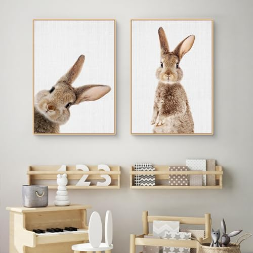 Qeuufieu 2er Moderne Poster Set Kinderzimmer Deko Hase Bilder Leinwand Bild Wandkunst, Rustikale Stil Wandbilder für Wohnzimmer,Schlafzimmer Ostern Deko,ohne Rahmen (40x50cm)