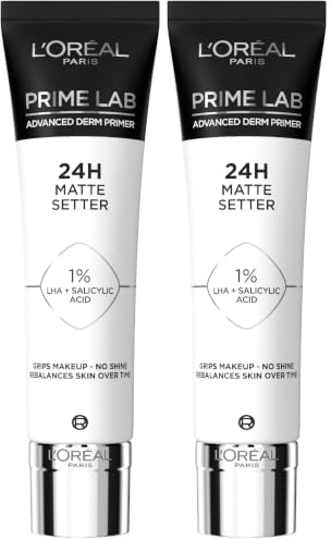 L'Oréal Paris Matte Setter Primer, Matte Finish, Extends Makeup Wear, Advanced Derm Primer, Grips Makeup, No Shine, Prime Lab, 30ml (Pack of 2)