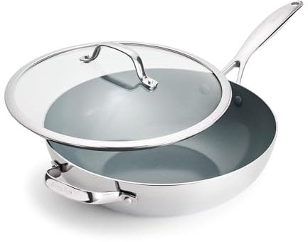 GreenPan Valencia Pro Tri-Ply Stainless Steel 12” Wok with Lid, Healthy Ceramic Nonstick PFAS-Free PFOA- Free Coating, Multi Clad Cookware, Induction, Dishwasher Safe, Oven and Broiler Safe