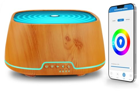 700ml Alexa Aroma Diffuser Kompatibel App und Alexa Kontrolle, Smart Duftöl Diffuser Luftbefeuchter für Ätherische Öle, 7-LED-Farbe, Zeitpläne Erstellen und 4 Timer, Auto-Off (Helles Holz)