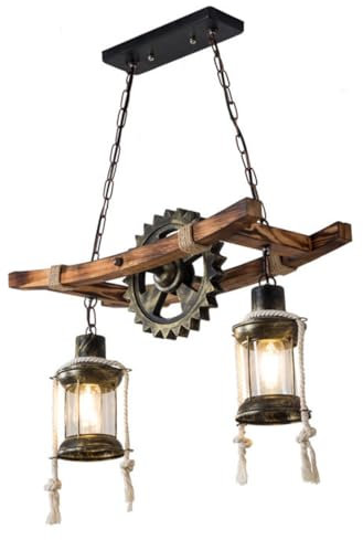 Rustikal Pendelleuchte Antik Holz LED Esszimmer-lampe Warmes Licht E27 Vintage Industriegetriebe Design Hängelampe Esstisch Seil Lampe 2-flammig Verstellbar Deckenbeleuchtung für Wohnzimmer Küche 55cm