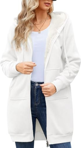 Nadeer Damen Mantel Plüschjacke mit Kapuze Lang Gefüttert Hoodies Plüsch Reißverschluss Mittellang Lässig Warm Fleece Sweatshirt Winter Übergroße Langarm Dehnbare Jacke mit Taschen(Weiß,S)