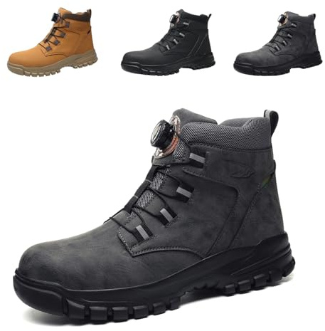 Work Boots Mens Waterproof Safety Shoes Women Lightweight Non-Slip Steel Toe Cap Boots Grey Size 10