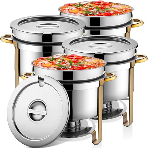 Reallnaive Confezione da 4 scaldavivande rotonde in acciaio inox da 11 QT, con coperchio e supporto per carburante, per uso commerciale, grande, per catering, feste, matrimoni, banchetti, eventi