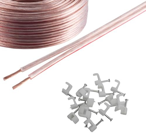Reulin Cable de altavoz trenzado, cable plano para altavoces para audio doméstico HiFi/audio de coche 0,75mm² 24x0,2 CCA con terminales (Transparente, 10 Metros)