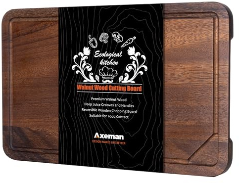 Axeman Walnut Wood Cutting Board with Juice Groove for Kitchen Countertop, Tick American Black-Walnut Wooden Chopping Board Charcuterie Board Butcher Block for Meat Vegetables, 16x10 inch
